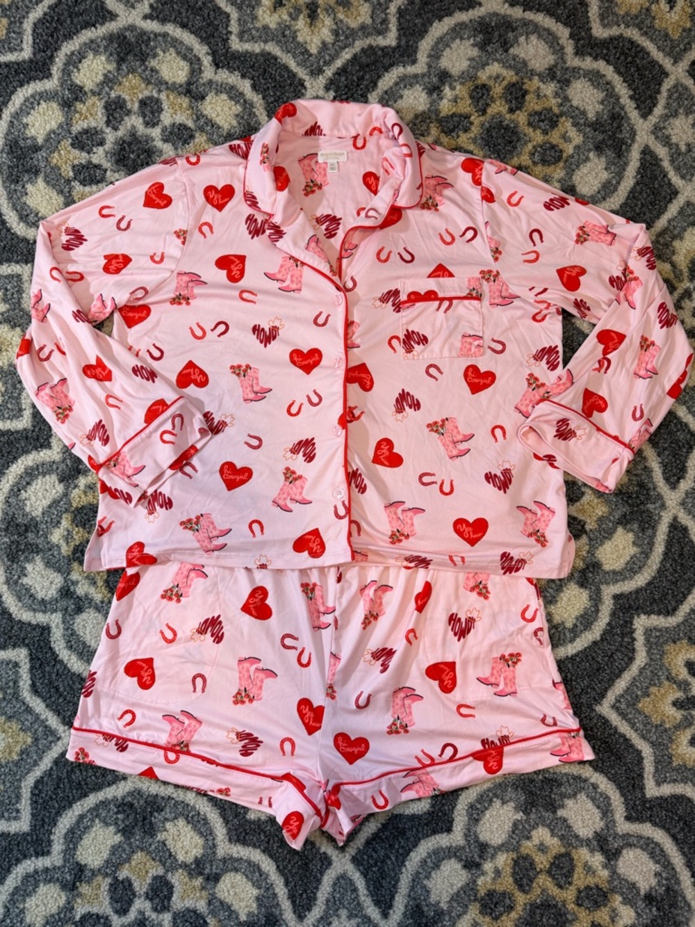 BEAUTY SLEEP SOCIAL Heart & Cowgirl Print Pajama Set with Shorts | Size XXL